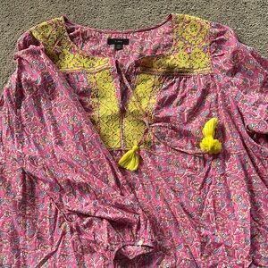 J. Crew Pink and Yellow Floral Blouse with Embroidered Detail-size 2X
